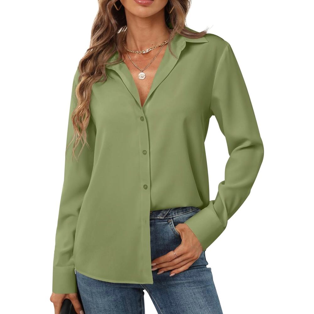 Hearain Women's Green Button Down Long Sleeve Blouse - M